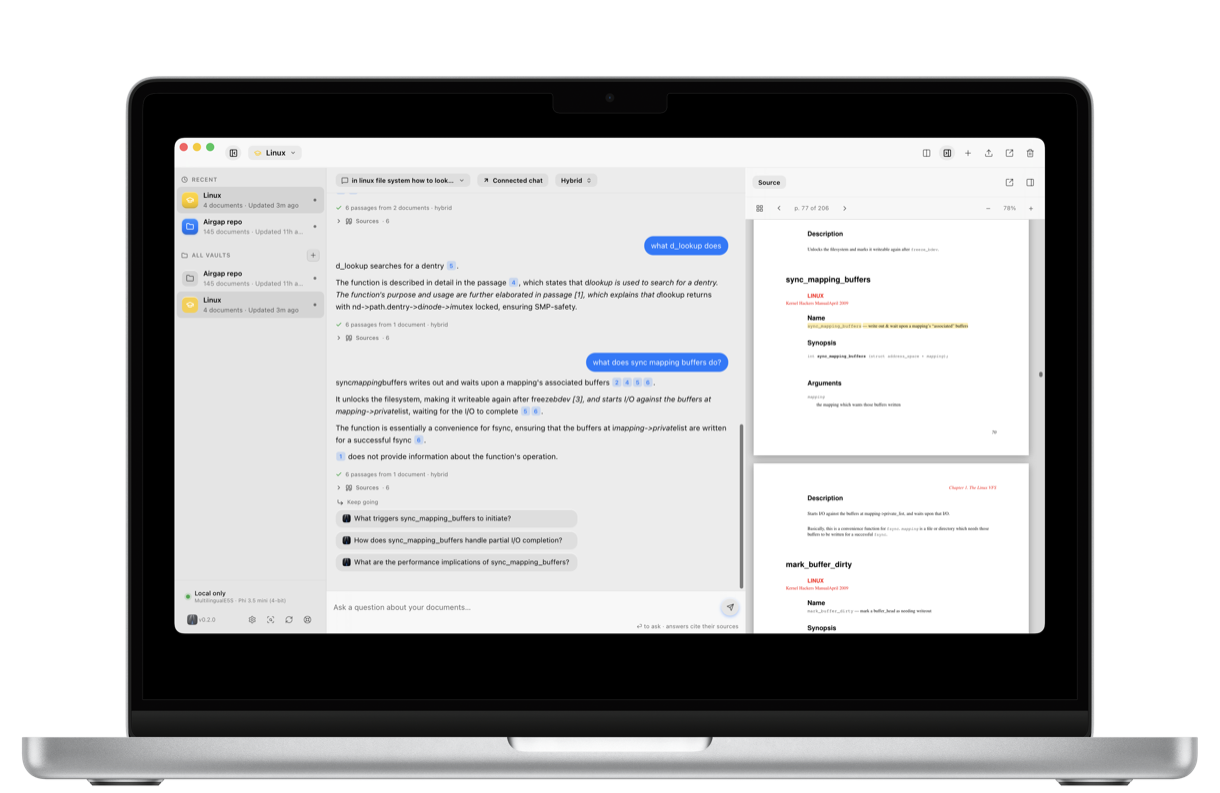 Airgap open on a laptop: a vault of documents on the left, an answer in the middle citing numbered passages, and the page of the source PDF those citations point at on the right.