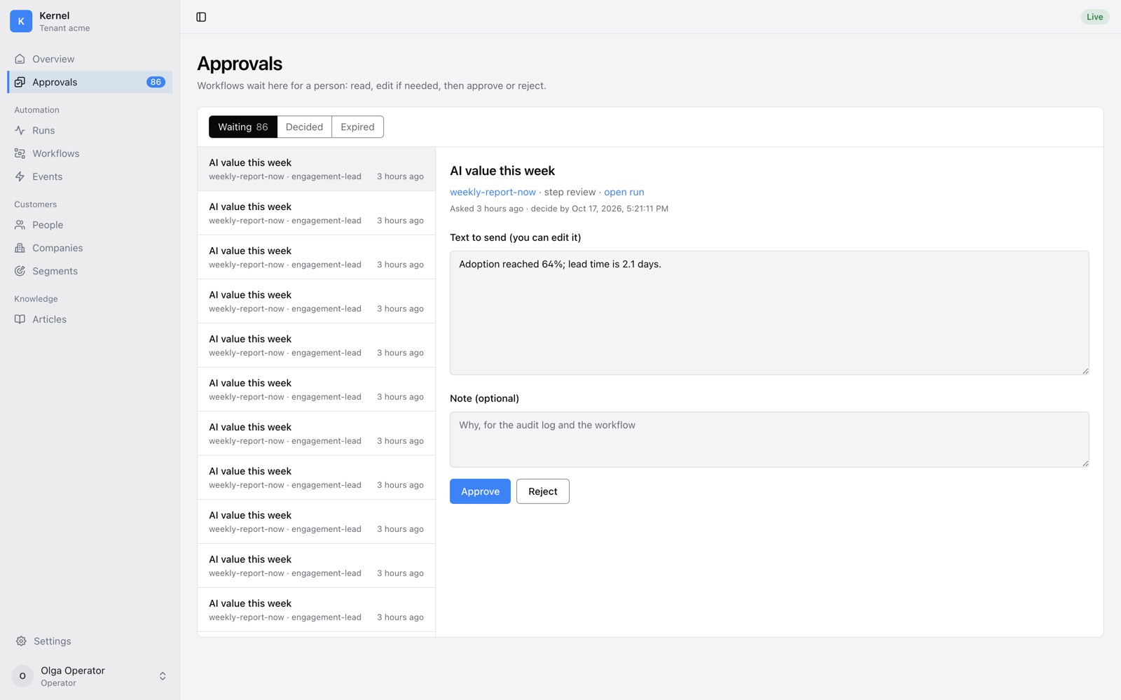 The approvals inbox with 86 waiting requests and an editable draft beside Approve and Reject buttons.