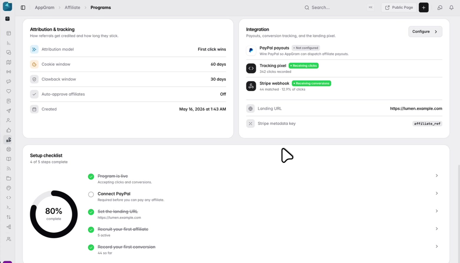 The rules behind a program: first-click attribution with a sixty-day cookie window and a thirty-day clawback, beside the tracking pixel and Stripe webhook reporting what they have received, and a setup checklist counting off what is still missing.