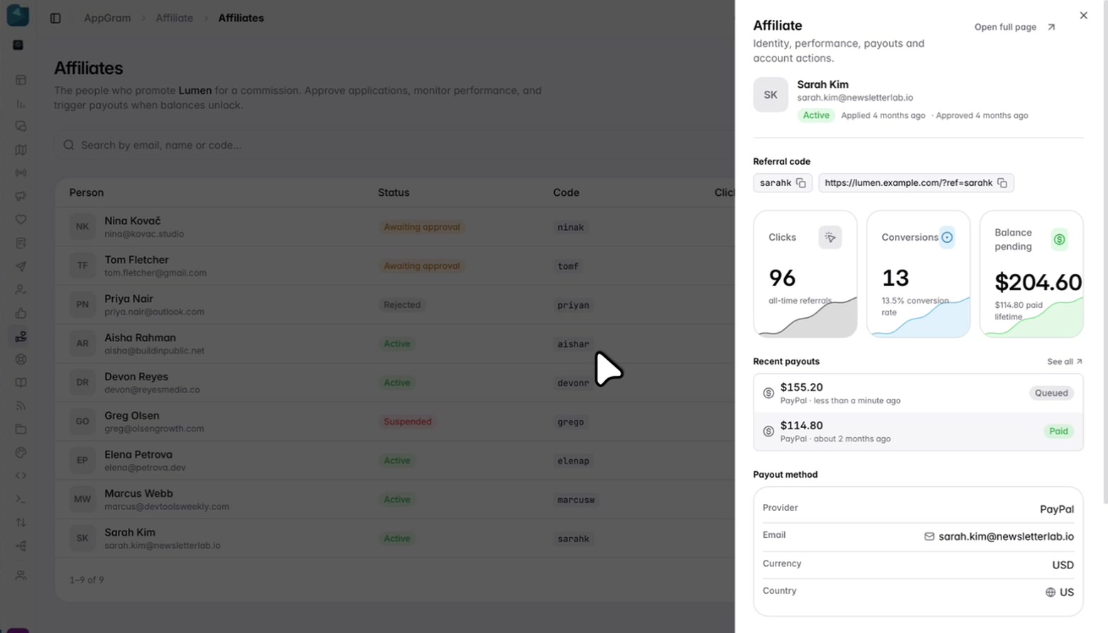 One partner’s record: their tracked link, the clicks and conversions behind their pending balance and what they have been paid over their lifetime, a payout just queued above the one already settled, and the account it will be sent to.