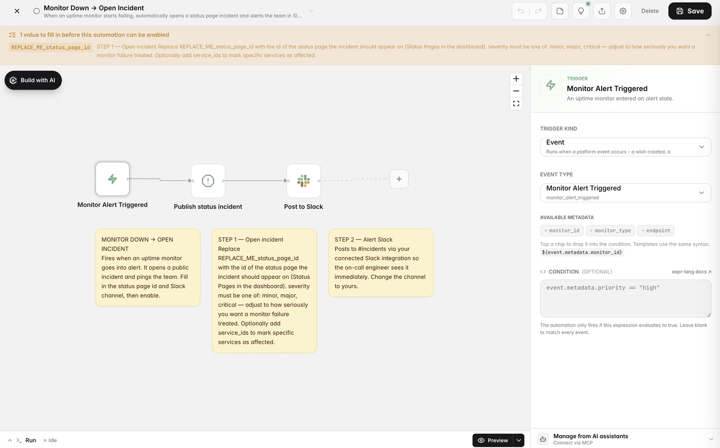The automation builder: a Monitor Alert Triggered event trigger with its available metadata chips and an optional condition, a banner listing the one value still to fill in, and the automation held paused until it is.