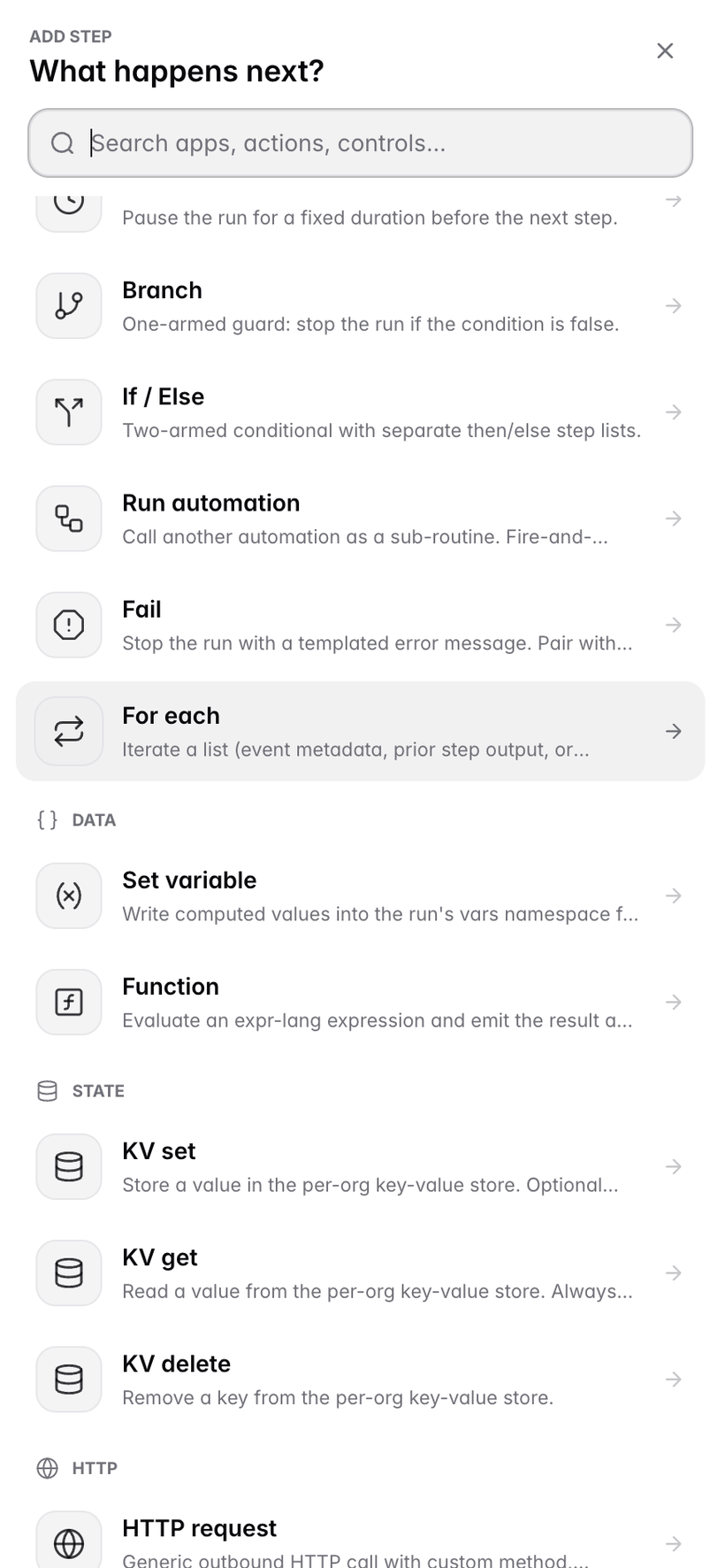 The add-step panel in the automation builder, listing step types grouped by flow control, data, state, HTTP, email, AI, and AppGram actions, each with a one-line description.