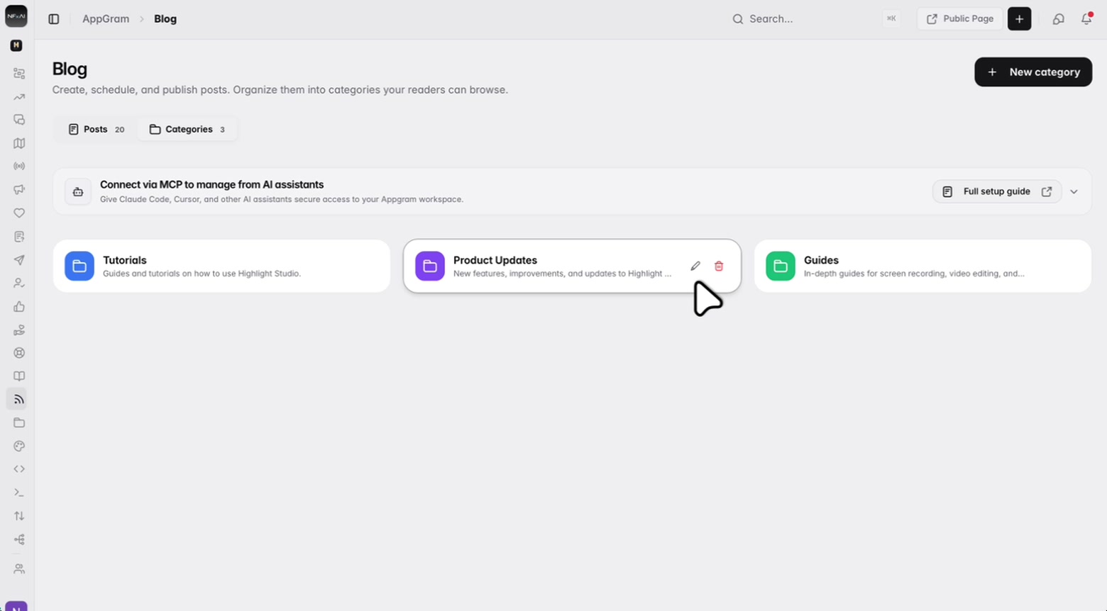 The categories tab: three categories side by side, each with a coloured folder mark, its name and its description, and edit and delete actions surfacing on the one under the cursor.
