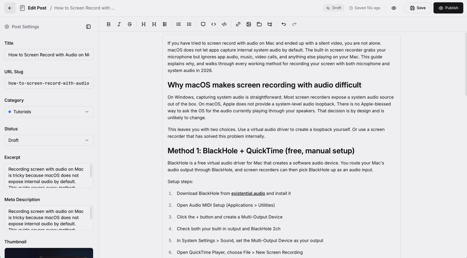 A post open in the editor: the formatting toolbar over a written article with headings and a numbered list, and a settings panel alongside holding the title, the URL slug, the category, the excerpt, the meta description and the thumbnail used for social previews.