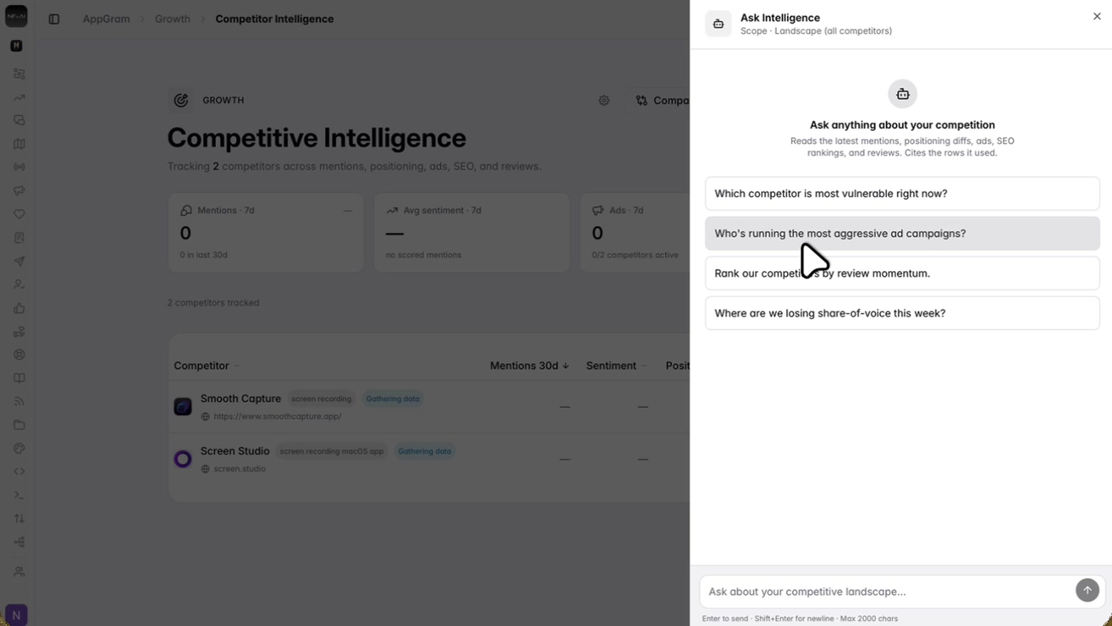 The intelligence assistant open over the landscape, offering questions to start with — which competitor is most vulnerable, who is running the most aggressive campaigns — above a box to ask your own.