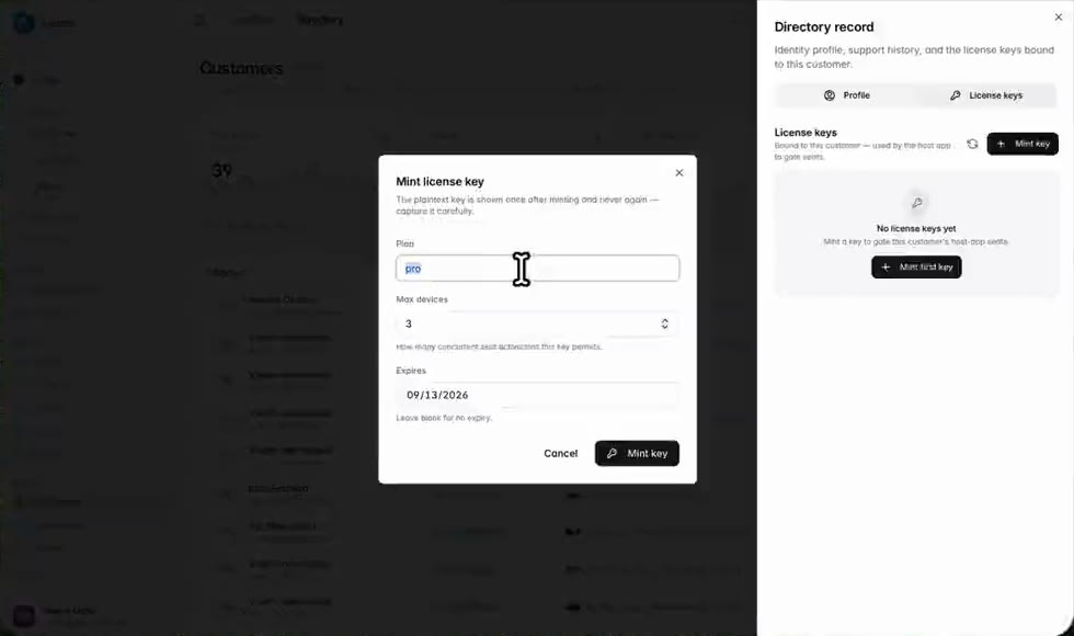 The mint license key dialog over a customer record, asking for a plan, a maximum number of devices and an expiry date, and warning that the plaintext key is shown once after minting and never again.
