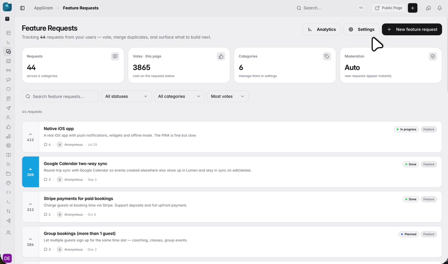 The admin board: forty-four requests across six categories with the votes cast on them counted above, filters for status and category, and rows ranked by vote — each showing its status, comment count and who asked.