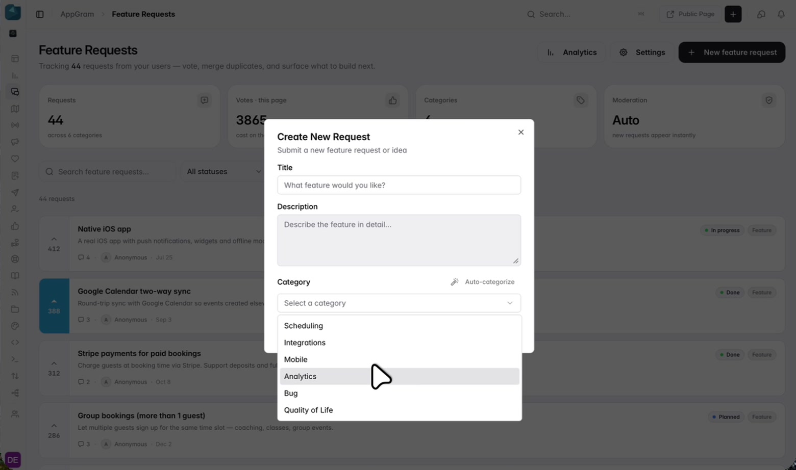 The Create New Request dialog over the board: a title and description, and a category field with an Auto-categorize action beside an open list of the project’s own categories — Scheduling, Integrations, Mobile, Analytics, Bug and Quality of Life.