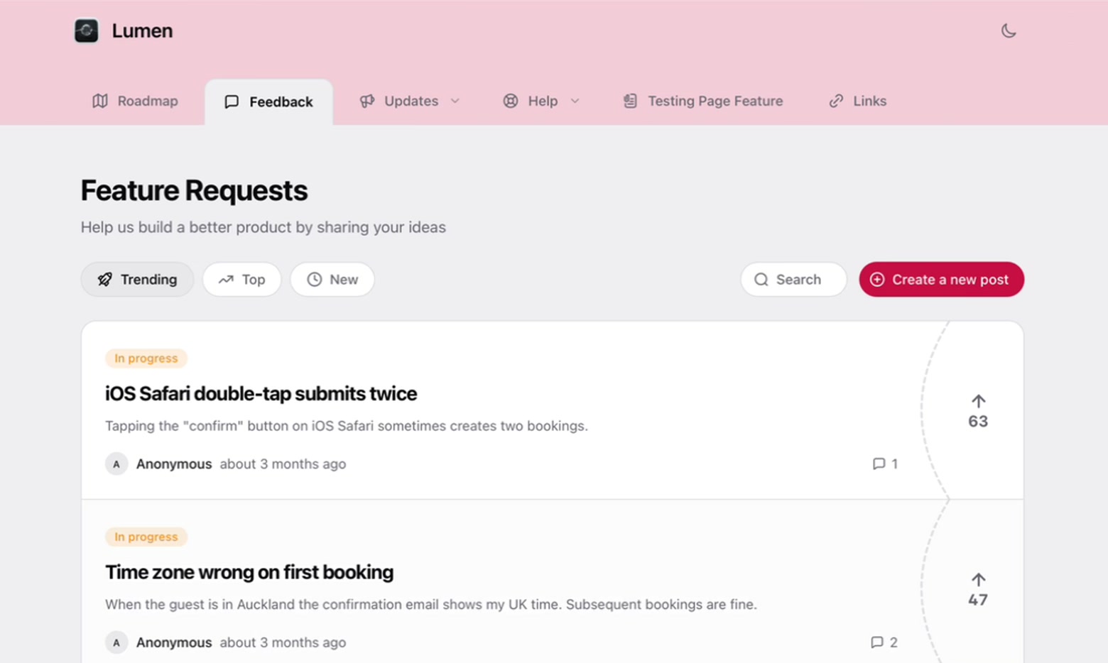 The wishboard on a customer-facing portal under their own branding: Trending, Top and New tabs, a Create a new post button, and requests carrying a status chip, a comment count and an up-arrow vote total.