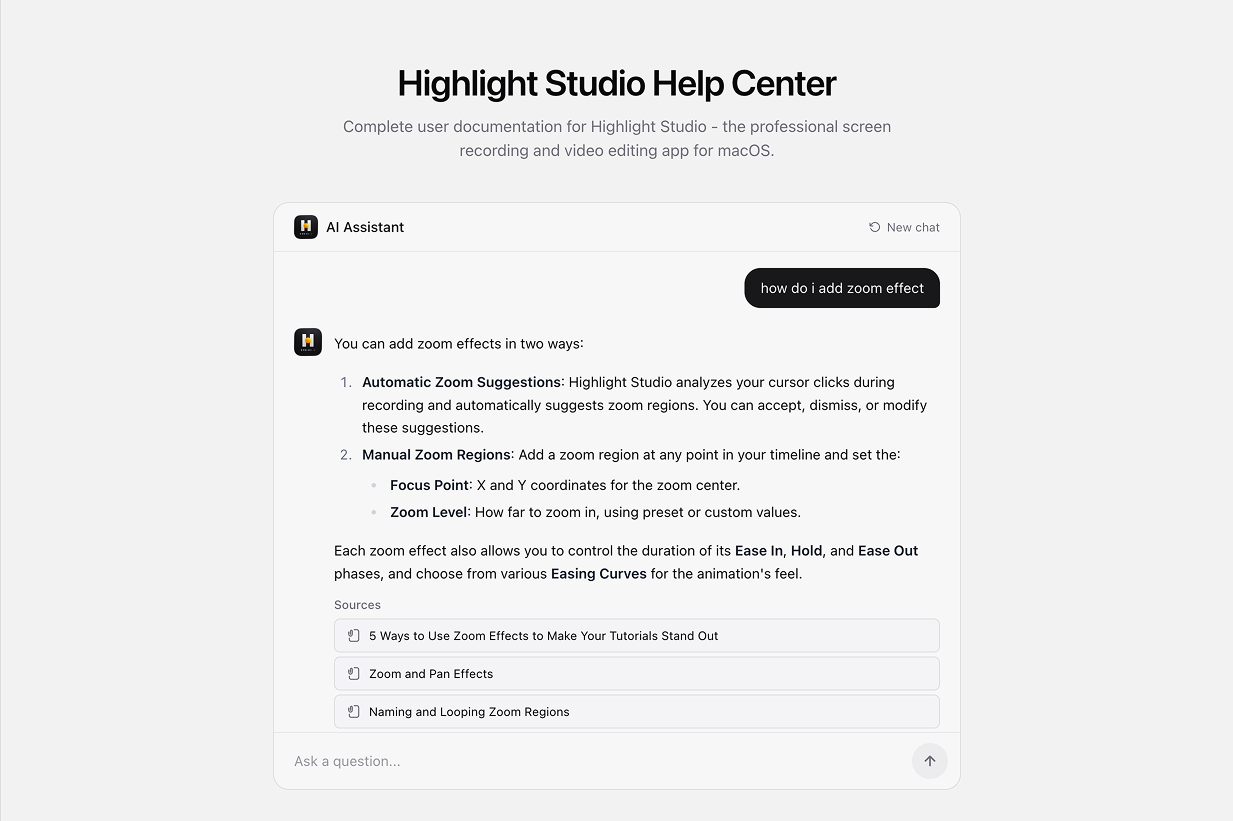 The AI assistant inside a hosted help center answering a customer question, with a Sources list naming the three articles the answer was drawn from.