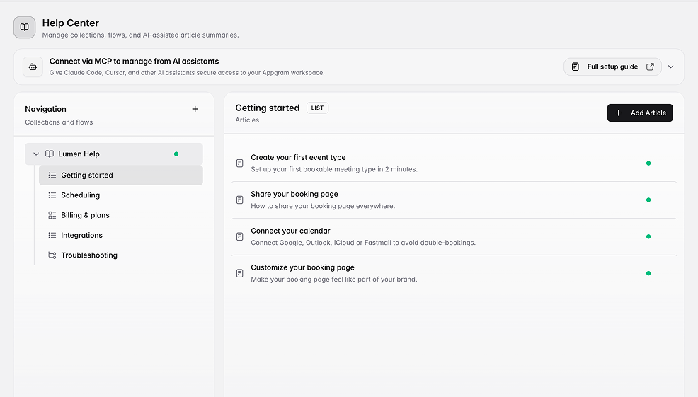 The AppGram help center admin: a Navigation panel listing collections — Getting started, Scheduling, Billing and plans, Integrations, Troubleshooting — beside the articles inside the selected collection.