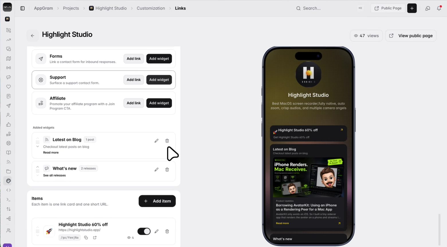 The links on the page: one card with its destination, its own short URL ready to copy and the number of clicks it has taken, above the widgets already added and the modules still available to add.