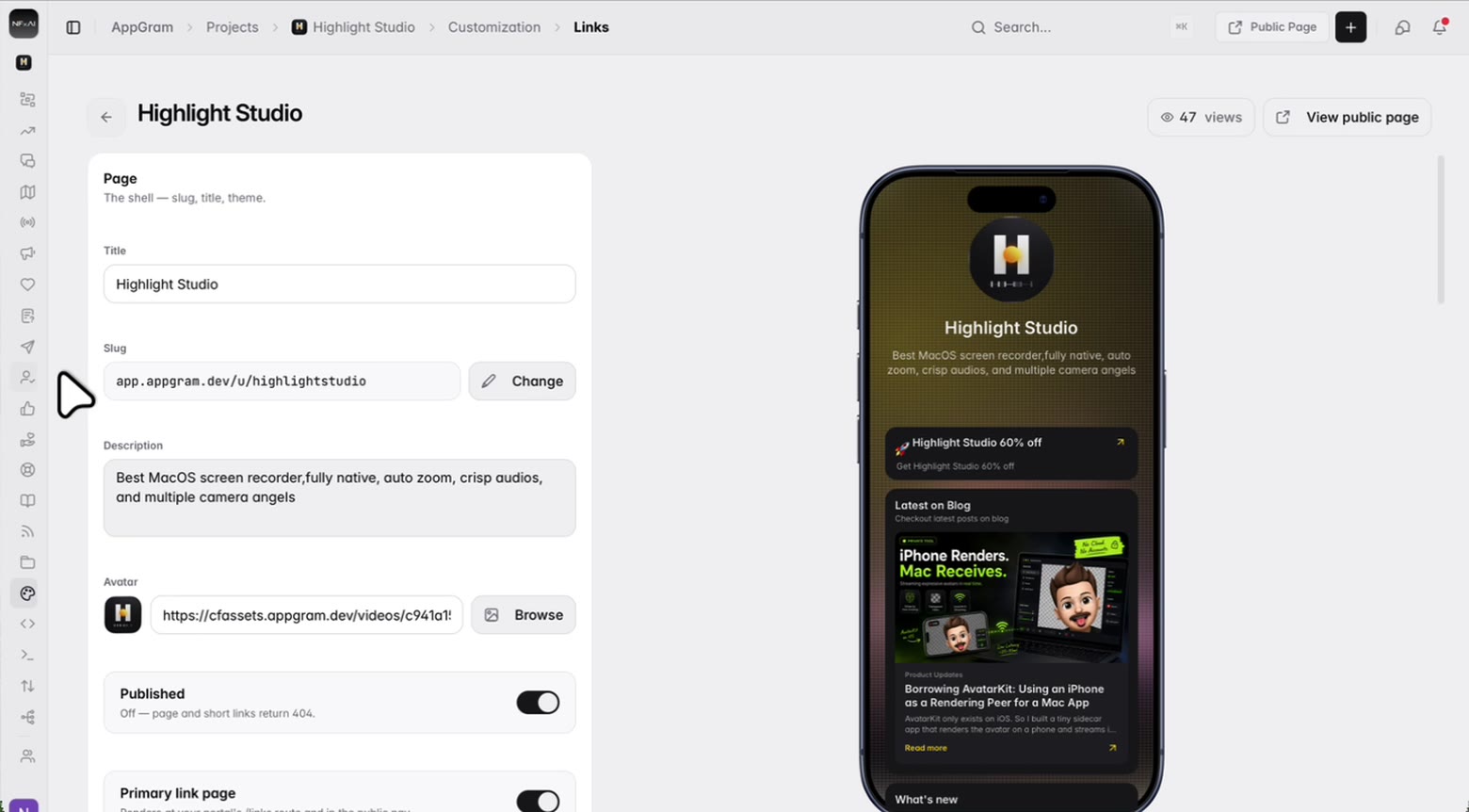 The page editor: the title, the address it lives at, a description and an avatar, with switches for publishing it and making it the primary link page — and a phone beside them rendering the page as it stands.