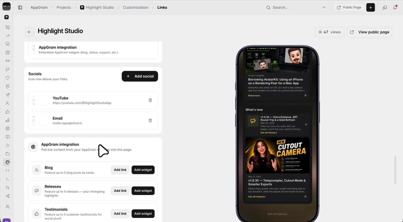 The social icon row above the links, and under it the AppGram modules that can be dropped onto the page — blog posts, releases and testimonials — each offered either as a plain link or as an embedded card.