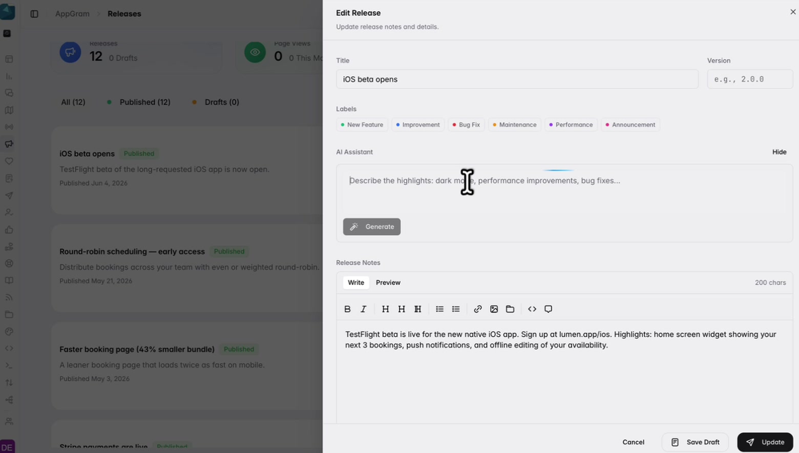The release editor: a title and version, the labels a release can carry, a rich-text body with write and preview tabs, and an assistant open underneath asking you to describe the highlights so it can draft them.