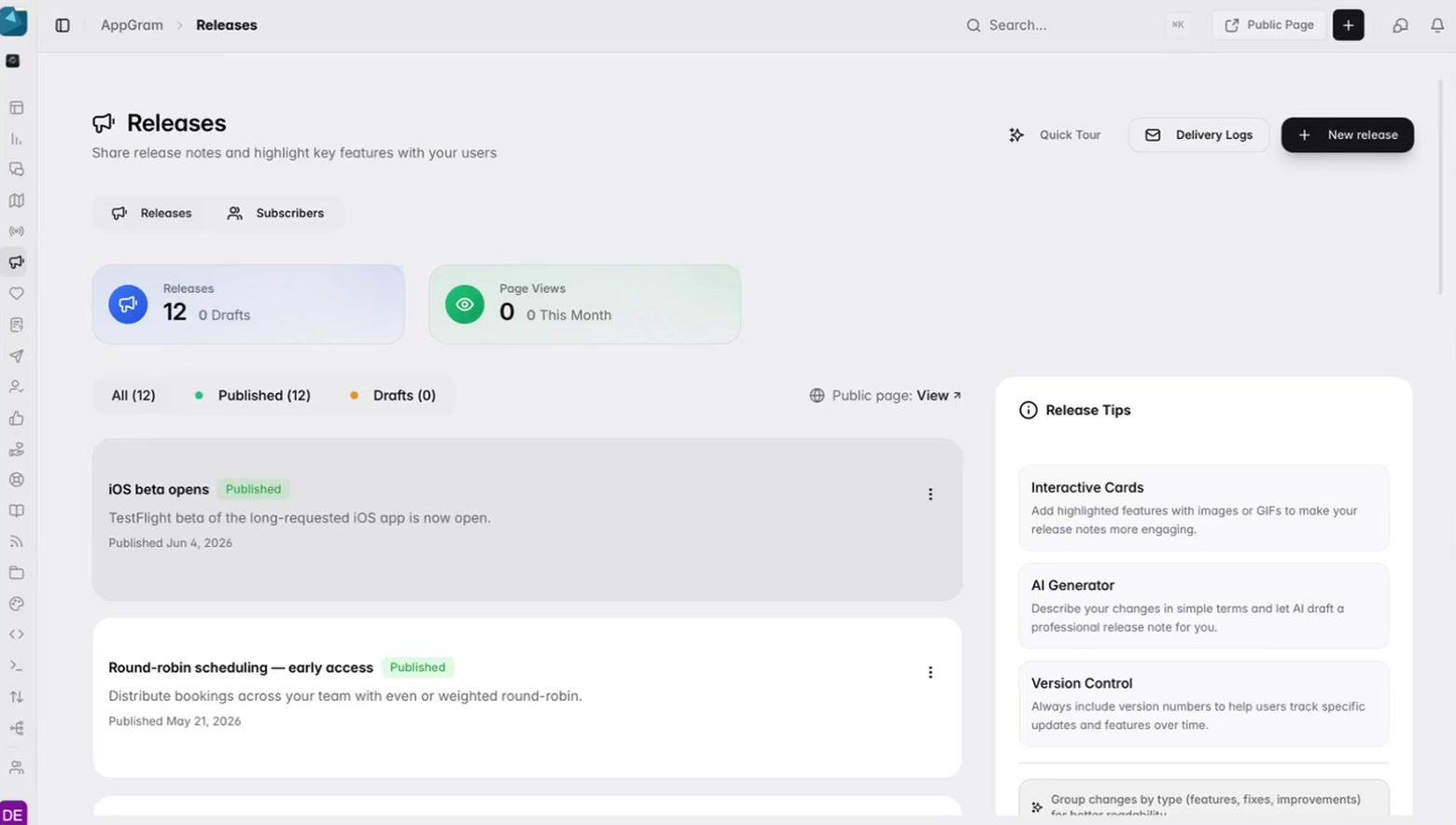 The releases console: twelve published and none in draft, page views counted beside them, filters for published and draft, a subscribers tab and a delivery log — with each release listed under its publication date.