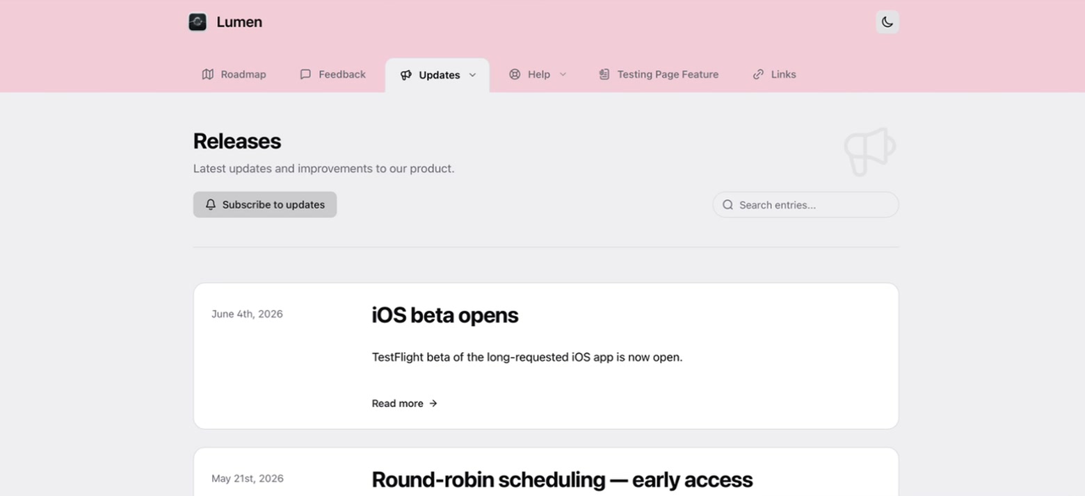 The changelog as a customer reads it, under the company’s own branding and beside its roadmap and feedback board: releases dated down the left, each with its heading, summary and a link through to the full note, above a button to subscribe to the next one.