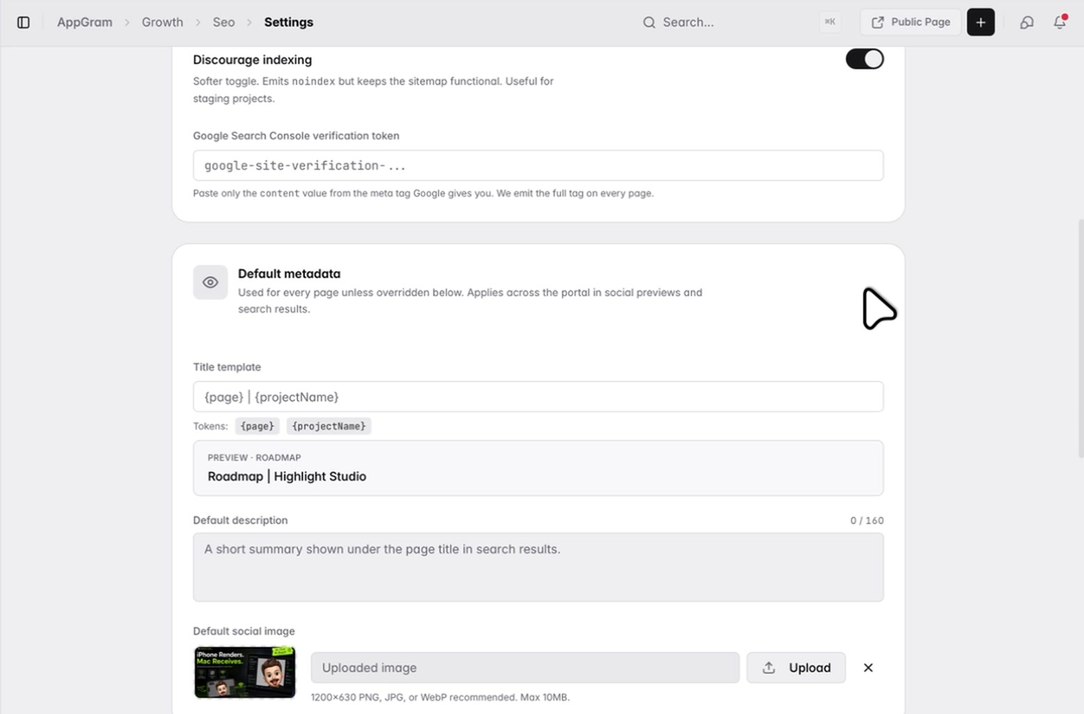 The metadata defaults: a title template built from tokens with a live preview of how one page resolves, a description field counting its characters, and the social image every page falls back to.