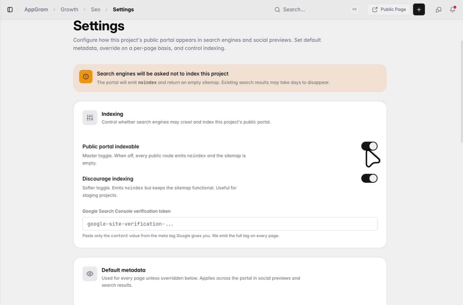 The indexing settings: a warning that search engines are being asked not to index the portal, above the master switch, the softer staging setting, and the field for a search-console verification token.