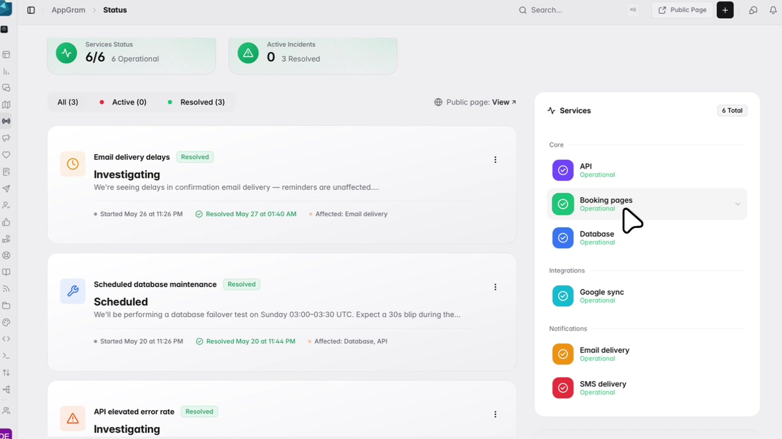 The status board: every service operational, six of six, with no incident open and three already closed — and beside it the services themselves, grouped into core, integrations and notifications, each carrying its own state.