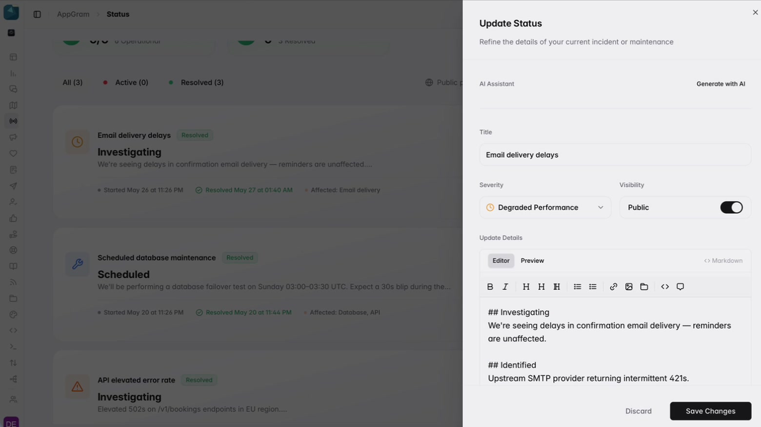 An incident being written up: its title, a severity of degraded performance, visibility set to public, and a markdown editor holding the running notes that will show on the public page.