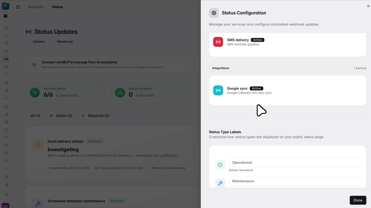 The status configuration sheet: each service listed with its description and an active pill under the group it belongs to, and below them the editable labels that decide how each state is worded on the public page.