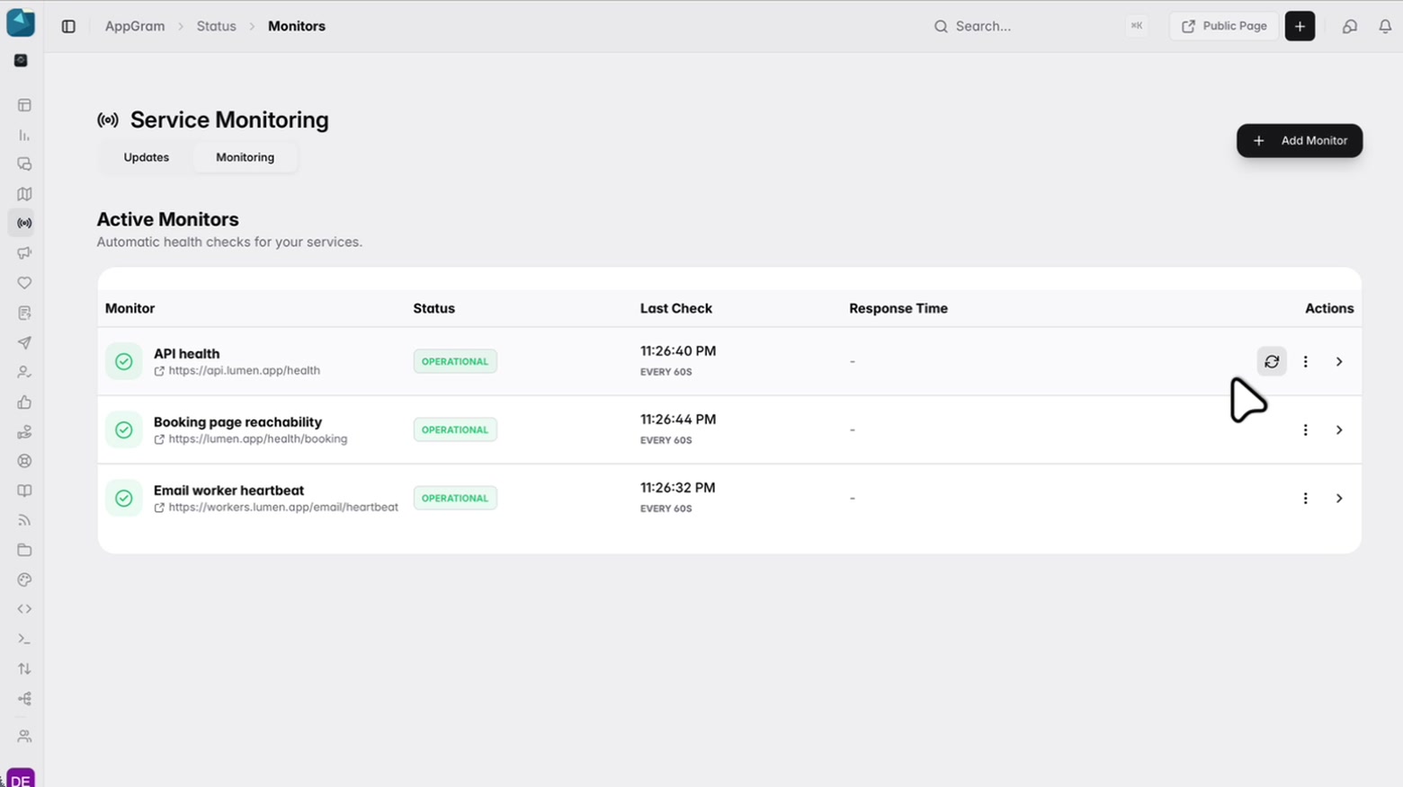 Three health checks running against live endpoints — an API, a booking page and an email worker — each polled every sixty seconds and each reporting operational, with its own last-checked time.