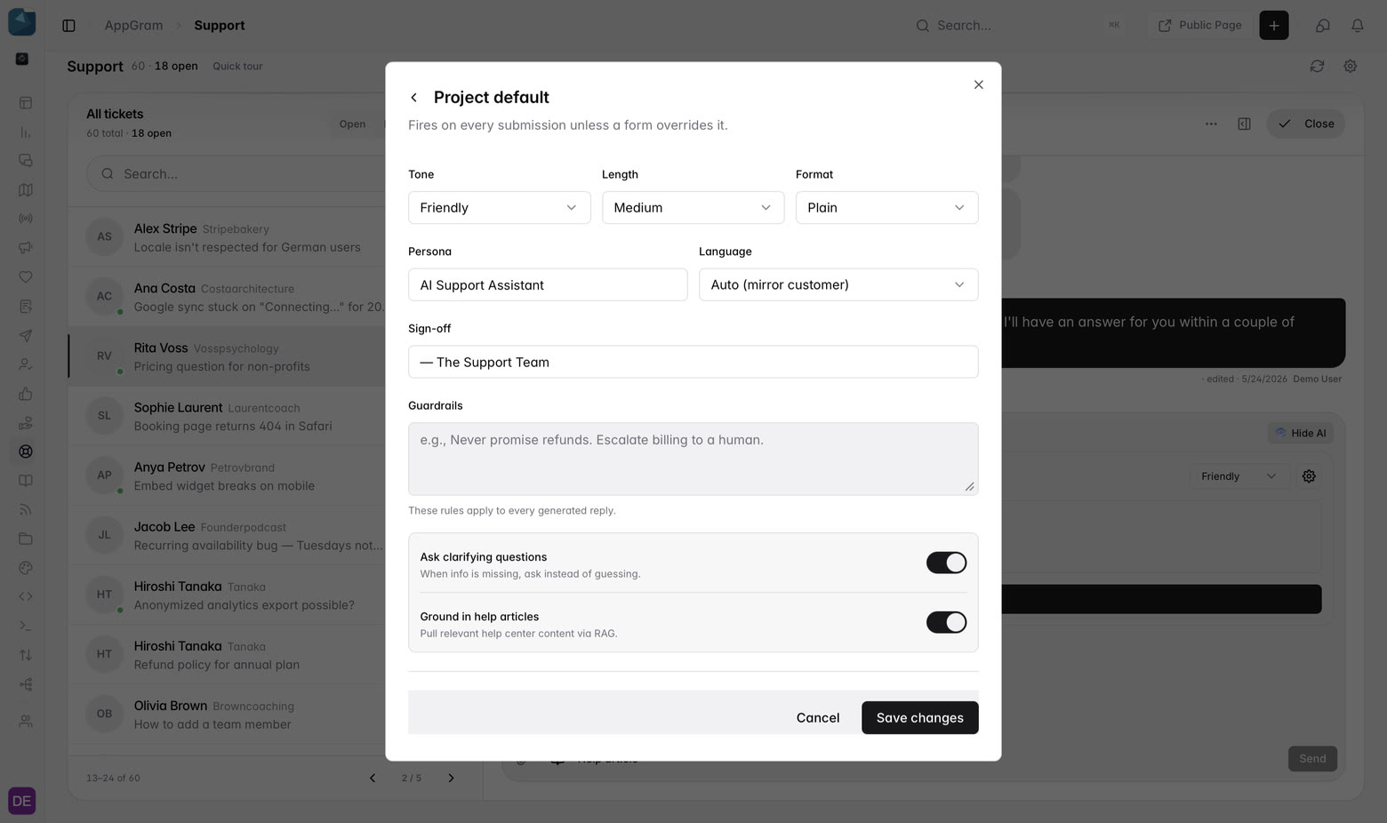 The project default panel for AI replies: a draft-only or auto-reply mode, tone, length, format, persona, language and sign-off, a guardrails box, and toggles for asking clarifying questions and grounding answers in help articles.