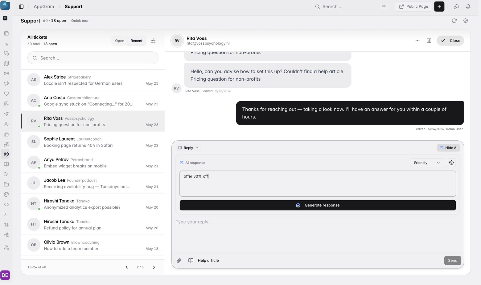 The reply composer with an AI response block, a tone selector set to Friendly, an instruction typed into it, and a Generate response button under the thread it is answering.