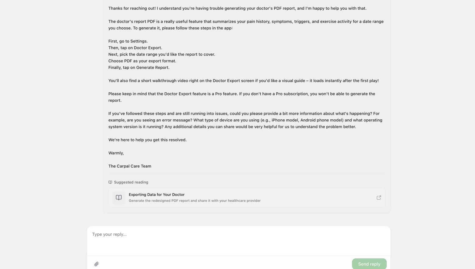 The customer side of the same thread: the full reply, a Suggested reading card linking the article Exporting Data for Your Doctor, and a box to reply again.