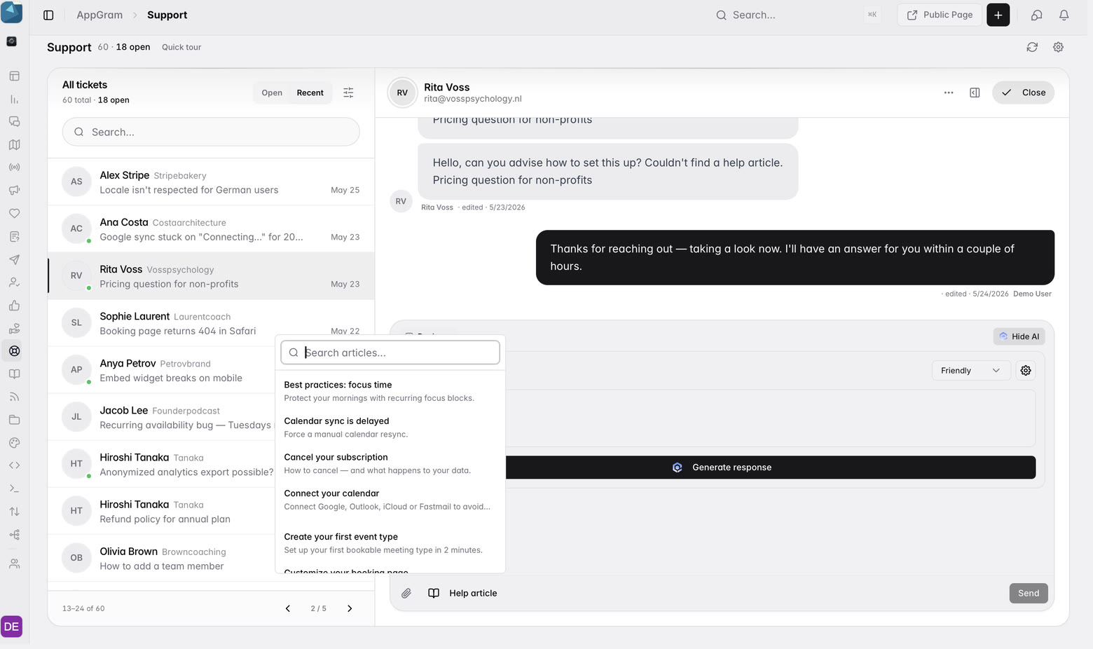 The support console: sixty tickets across the organization with eighteen open, each showing the customer and their company, the conversation open beside them, and the help center search picking the article that answers it.