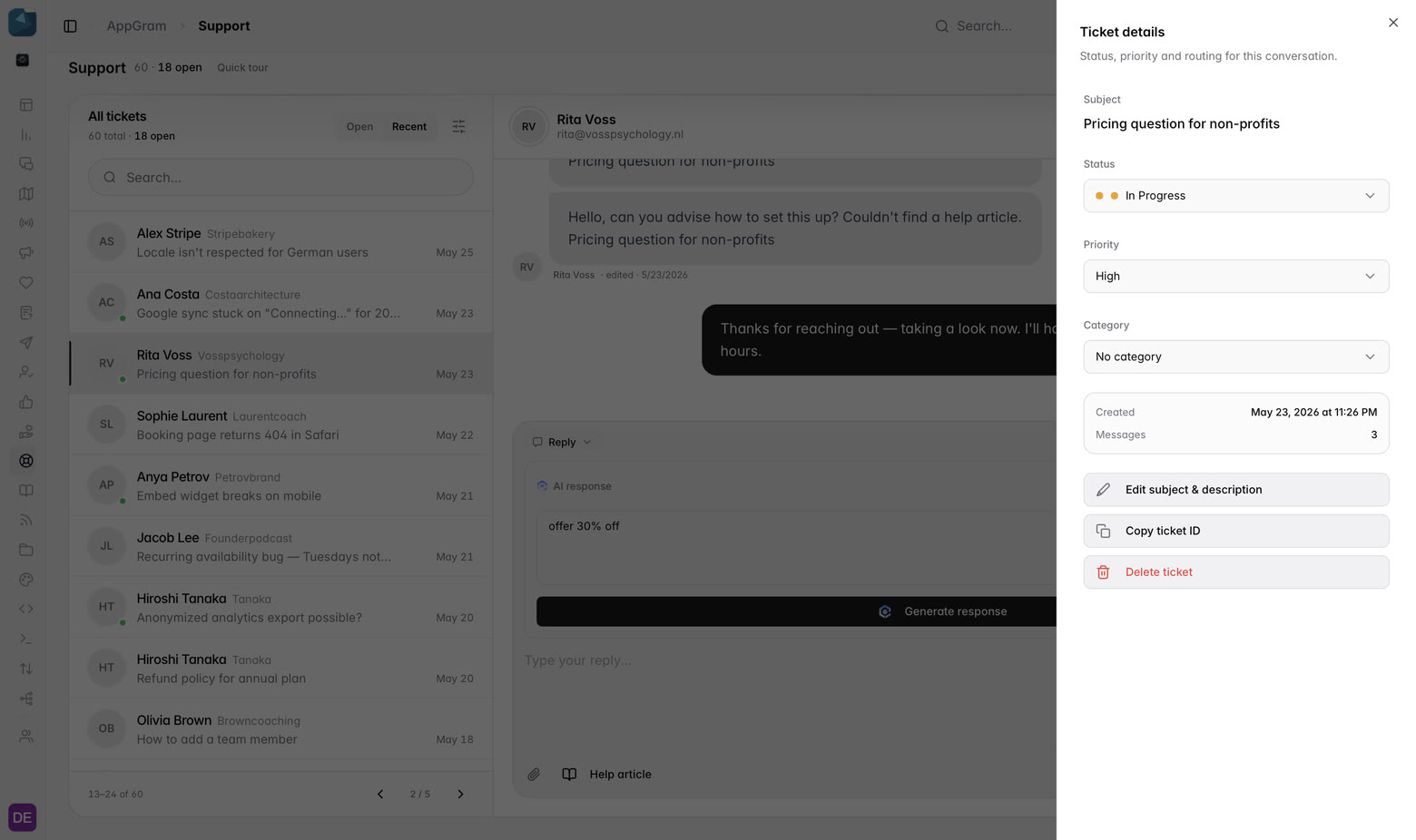 The ticket details drawer: status In Progress, priority High, a category selector, when it was created and how many messages it holds, over actions to edit the subject, copy the ticket id or delete it.