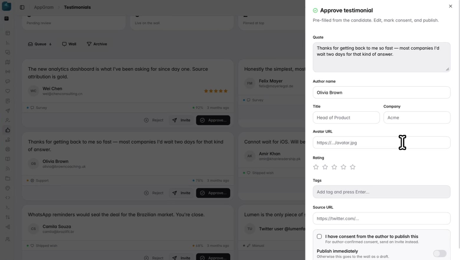 A candidate opened for approval: the quote pre-filled and editable beside fields for the author’s title, company and avatar, a rating and tags, and below them a consent checkbox and a switch deciding whether it publishes now or waits as a draft.