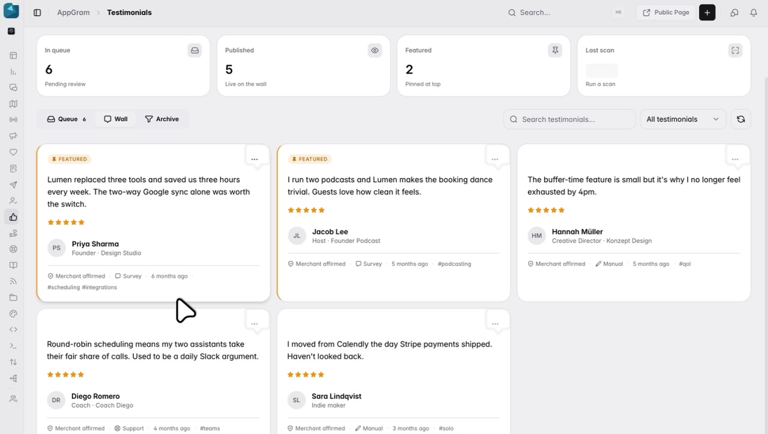 The published wall: five approved quotes with their authors, roles and ratings, tagged by what they are about, two of them pinned to the front and marked as featured.