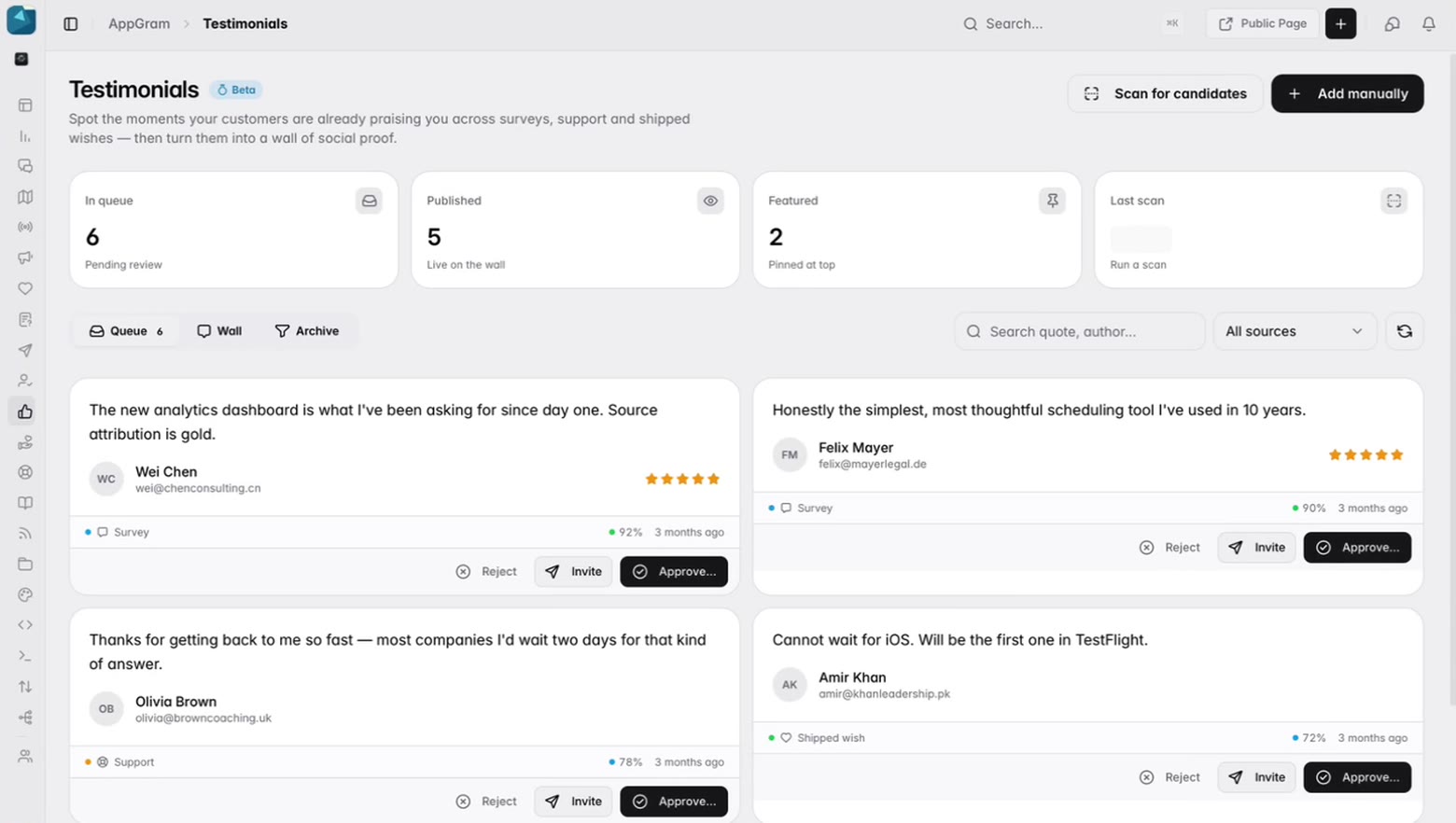 Six candidate quotes waiting for review, each showing the customer who said it, where it was said — a survey, a support thread, a shipped wish — how confident the match is, and buttons to reject it, ask the author, or approve it.