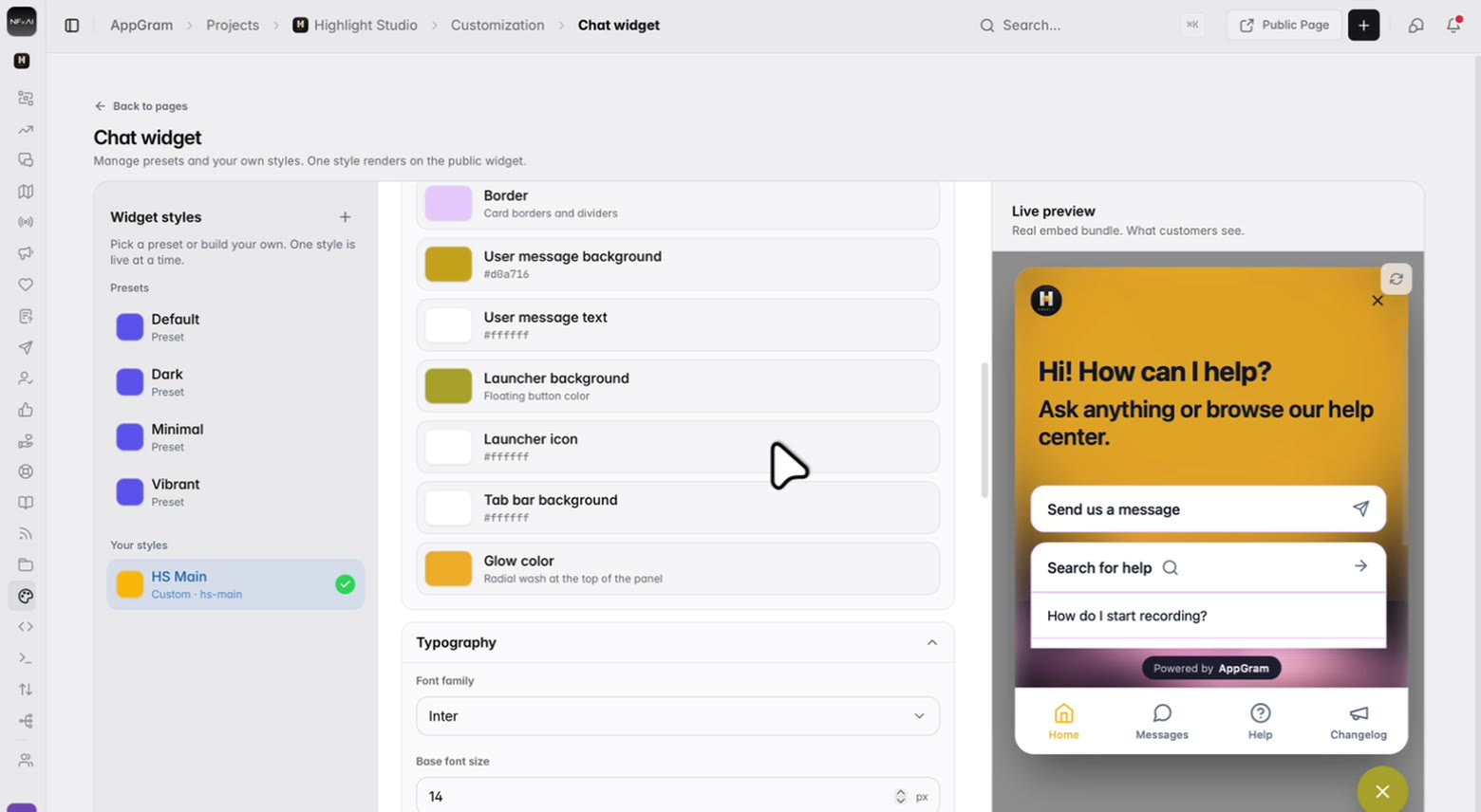The colour list: each token with its swatch and a plain description of what it paints — the user message bubble, the launcher, the tab bar, the glow behind the header — and under them the font family and base size.