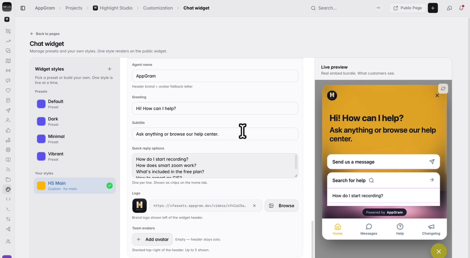 The content fields: the agent name, the greeting and its subtitle, and a list of quick replies written one per line — with the widget beside them showing those exact words rendered.
